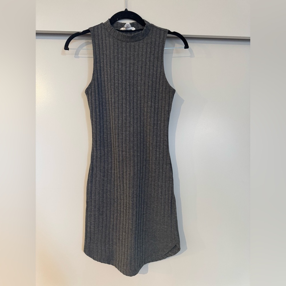 Forever 21 Gray Ribbed Bodycon Fitted Sweater High Neck Mini Dress (Size Small)